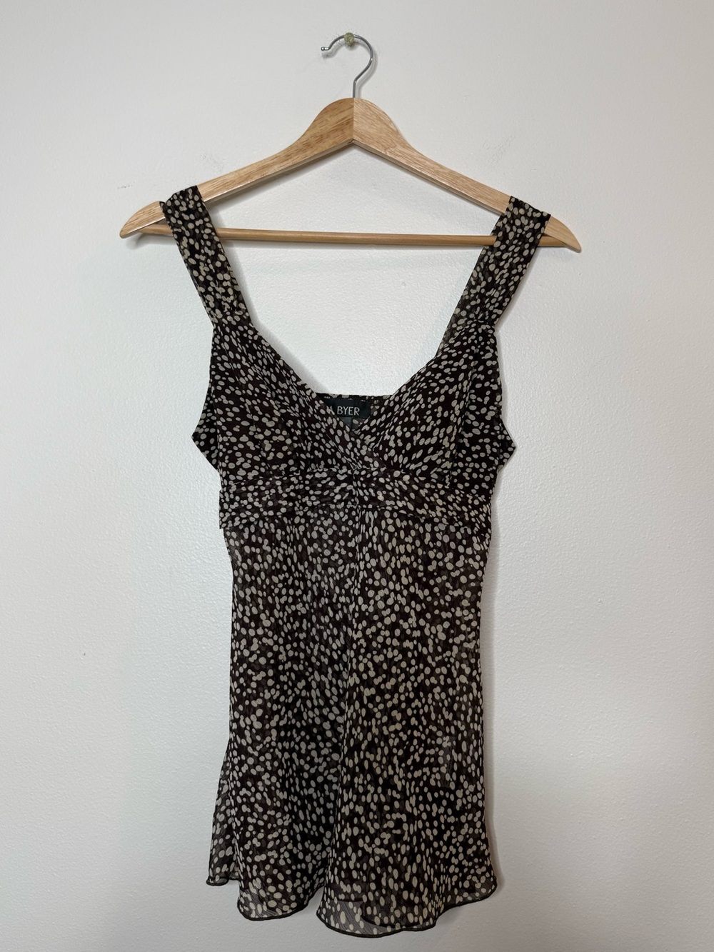 Vintage A. Byer Chocolate Brown Polka Dot Sheer V-Neck Wrap Tie Back Tank small